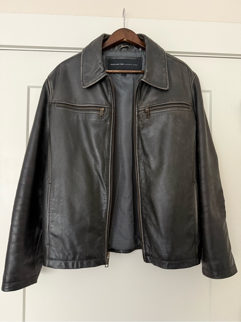 Marc New York Black Leather Bomber Jacket with Zip Chest Pockets